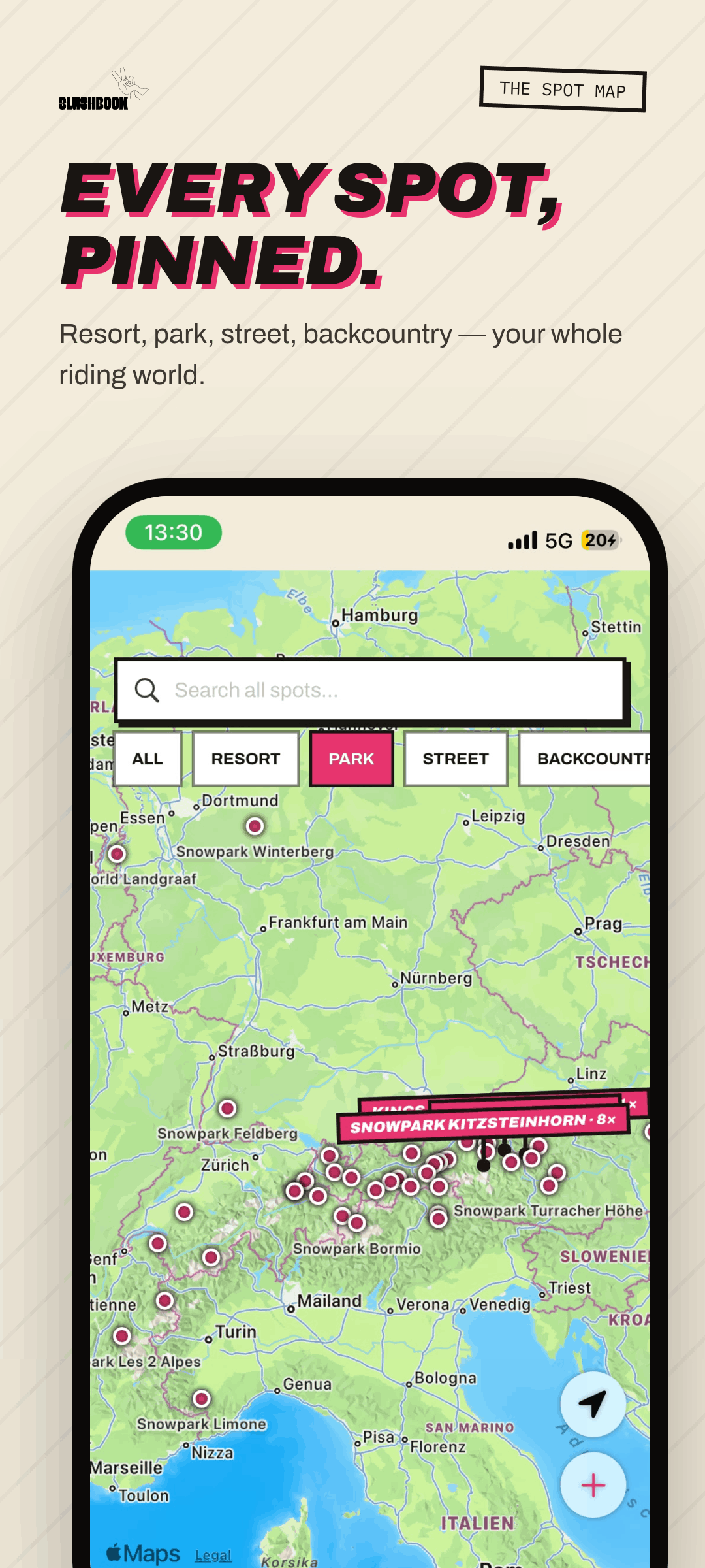 Slushbook spot map of the Alps with resort, park, street, and backcountry filters