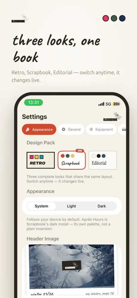 Three looks, one book — settings with Retro, Scrapbook, and Editorial design packs