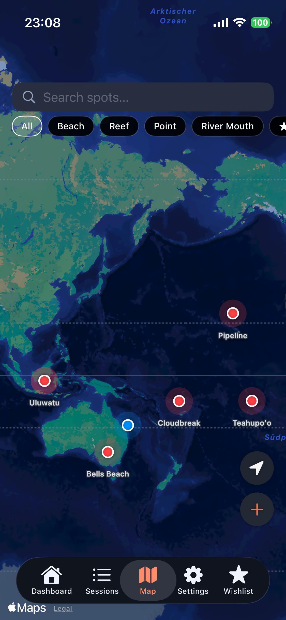 Swellbook map view showing surf spots around the world